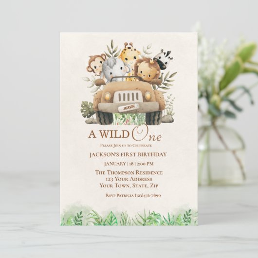 Eerste Verjaardag Safari Oerwoud Dieren Party Kaart (Staand voorkant)