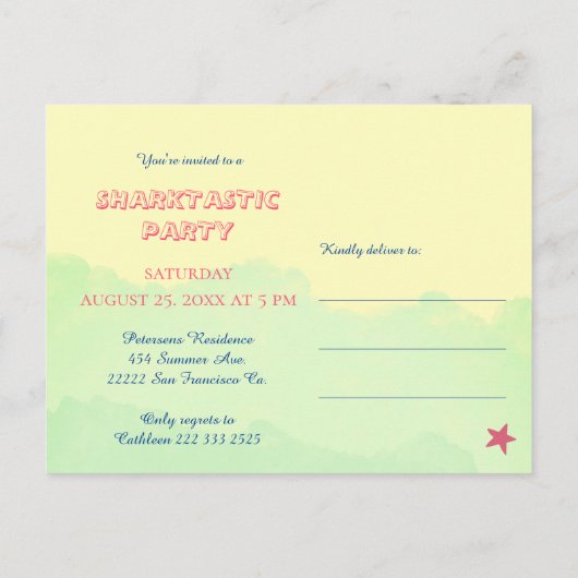 Eerste verjaardag schattige baby haai oceaan geel uitnodiging briefkaart (Achterkant)