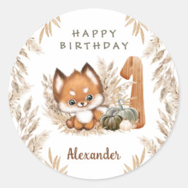 Eerste Verjaardag Schattige Fox Herfst Naam Sticke Ronde Sticker