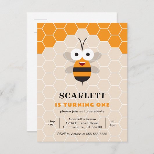 Eerste Verjaardag Schattige Honey Bee Honeycomb Uitnodiging Briefkaart (Voorkant / Achterkant)