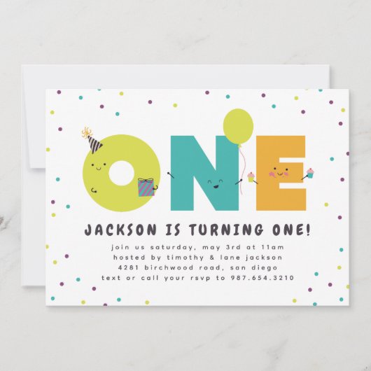 Eerste Verjaardag Schattige Kleurrijk Uitnodiging  (Voorkant)