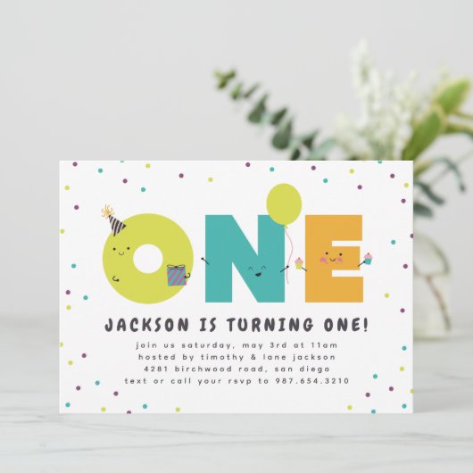 Eerste Verjaardag Schattige Kleurrijk Uitnodiging  (Staand voorkant)