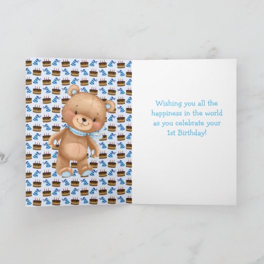 Eerste verjaardag schattige teddyballonjongen kaart (Binnen)