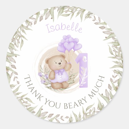 Eerste verjaardag Schattige Teddybeer Dank je Ronde Sticker (Voorkant)