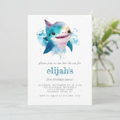 Eerste Verjaardag Schattigee Blauwe Waterverf Haai Kaart (Staand voorkant)