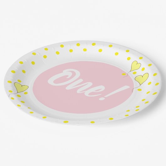 Eerste Verjaardag Schattigee Confetti en Hartballo Papieren Bordje (Gekanteld)