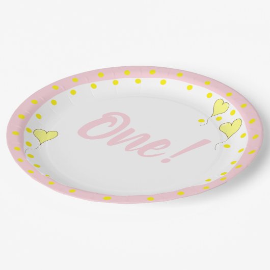 Eerste Verjaardag Schattigee Confetti en Hartballo Papieren Bordje (Gekanteld)