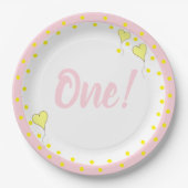 Eerste Verjaardag Schattigee Confetti en Hartballo Papieren Bordje (Voorkant)
