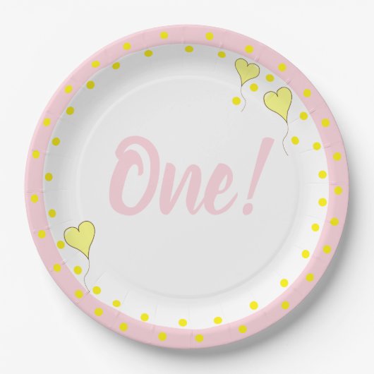Eerste Verjaardag Schattigee Confetti en Hartballo Papieren Bordje (Voorkant)