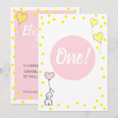 Eerste Verjaardag Schattigee Olifant en Hartballon Kaart (Voorkant / Achterkant)