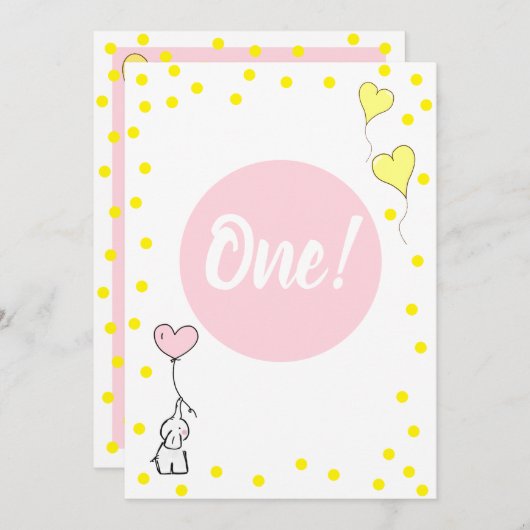 Eerste Verjaardag Schattigee Olifant en Hartballon Kaart (Voorkant / Achterkant)