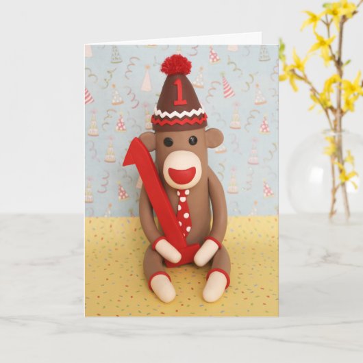 Eerste verjaardag Sock Monkey Celebration Kaart (Gele Bloem)