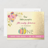Eerste verjaardag sparen de Datum Pumpkin Pink en Aankondigingskaart (Voorkant / Achterkant)