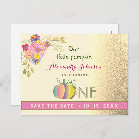 Eerste verjaardag sparen de Datum Pumpkin Pink en Aankondigingskaart (Voorkant / Achterkant)