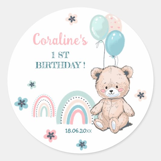Eerste Verjaardag Sticker met leuke teddybeer. (Voorkant)