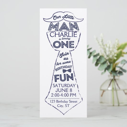 Eerste verjaardag Stropdas/snor uitnodiging (Staand voorkant)