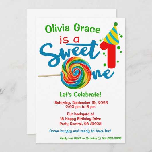 Eerste Verjaardag Sweet One Theme Party Uitnodigin Kaart (Voorkant / Achterkant)