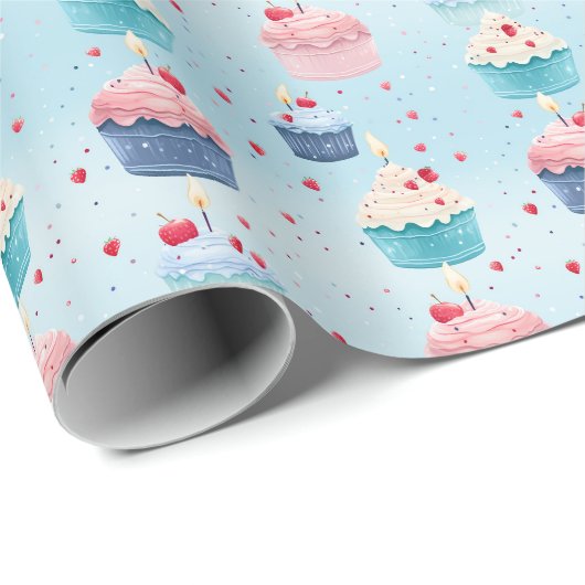 Eerste verjaardag - Taarten, kaarsen en aardbeien Cadeaupapier (Rol Hoek)