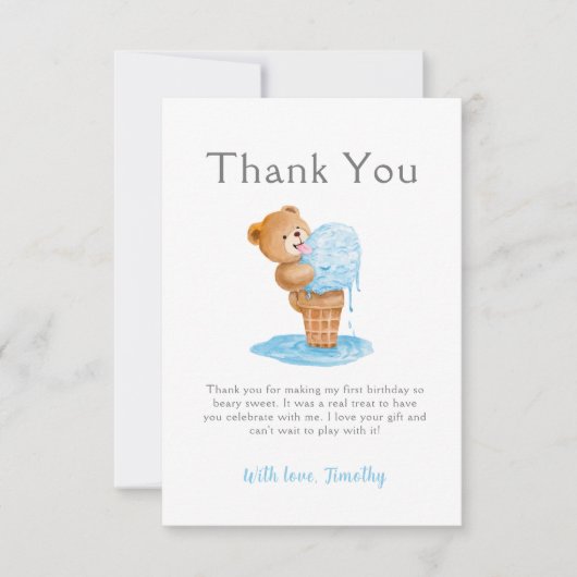 Eerste verjaardag Teddy Bear Ice Cream Bedankkaart (Voorkant)