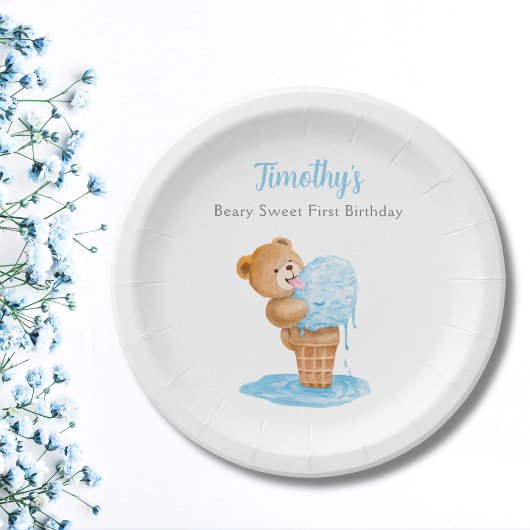Eerste verjaardag Teddy Bear Ice Cream Papieren Bordje