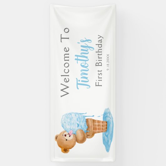 Eerste verjaardag Teddy Bear Ice Cream Spandoek (Verticaal)