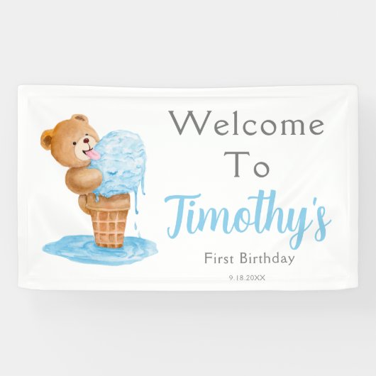 Eerste verjaardag Teddy Bear Ice Cream Spandoek (Horizontaal)