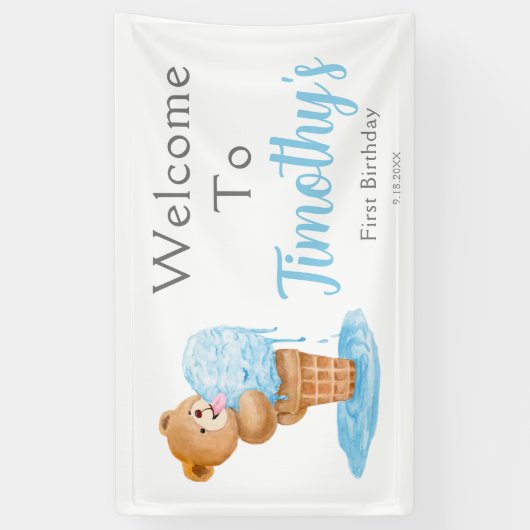 Eerste verjaardag Teddy Bear Ice Cream Spandoek (Verticaal)