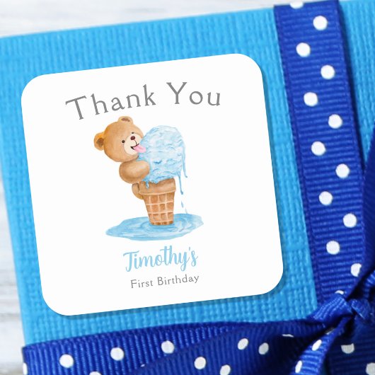 Eerste verjaardag Teddy Bear Ice Cream Vierkante Sticker