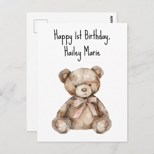 Eerste verjaardag Teddybeer gepersonaliseerd Briefkaart (Voorkant / Achterkant)