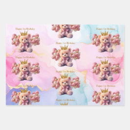 Eerste verjaardag Teddybeer Roze Strik Gouden Kroo Inpakpapier Vel