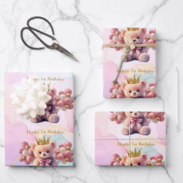 Eerste verjaardag Teddybeer Roze Strik Gouden Kroo Inpakpapier Vel