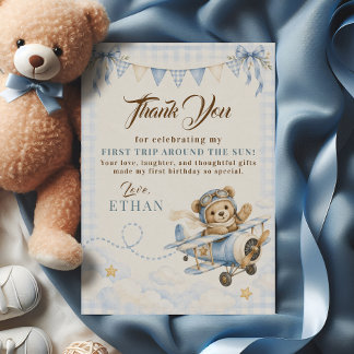 Eerste verjaardag Teddybeer Vliegtuig Blauw Gingha Bedankkaart