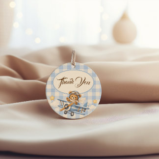 Eerste verjaardag Teddybeer Vliegtuig Blauwe Gingh Bedankjes Labels