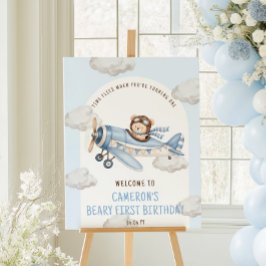 Eerste verjaardag teddybeer vliegtuig welkomstbord poster