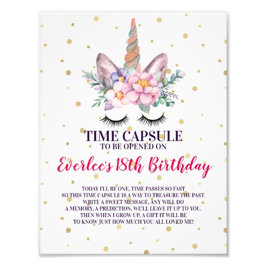 Eerste verjaardag Tijd in capsule Teken | Unicorn Foto Afdruk (Voorkant)