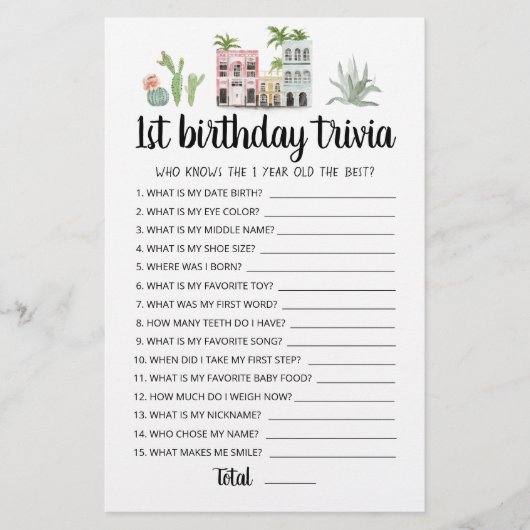 Eerste verjaardag trivia bewerkbaar spel (Voorkant)