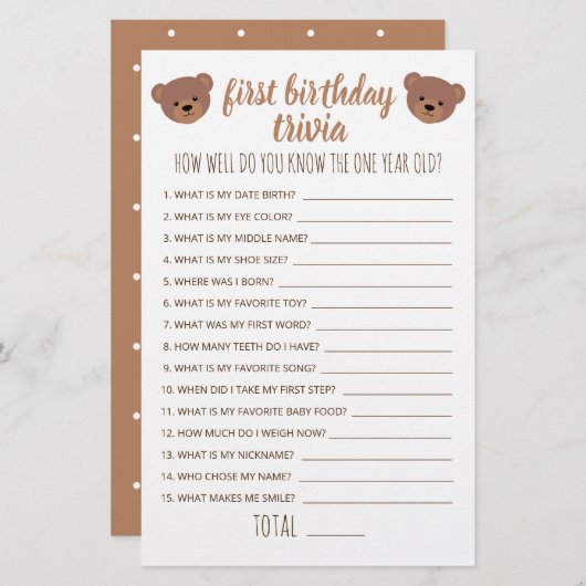 Eerste verjaardag Trivia hoe goed je weet hoe goed (Voorkant / Achterkant)
