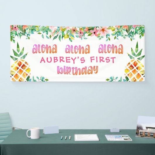 Eerste verjaardag tropische ananas bloemen spandoek (Beurs)