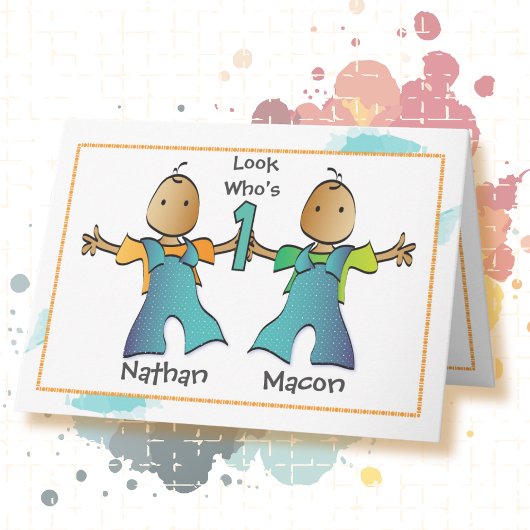 Eerste Verjaardag Twin Boys Cartoon Schattige Etni Kaart