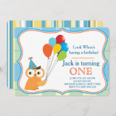 Eerste verjaardag uil jongen party uitnodiging (Voorkant / Achterkant)