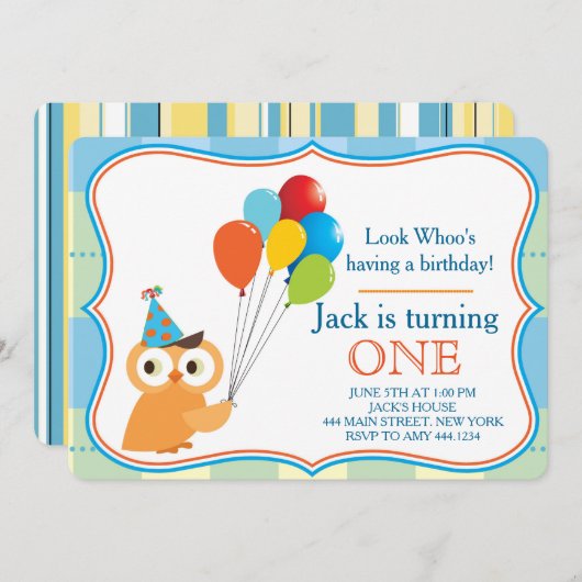 Eerste verjaardag uil jongen party uitnodiging (Voorkant / Achterkant)