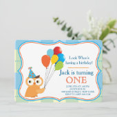 Eerste verjaardag uil jongen party uitnodiging (Staand voorkant)