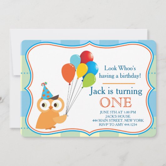 Eerste verjaardag uil jongen party uitnodiging (Voorkant)