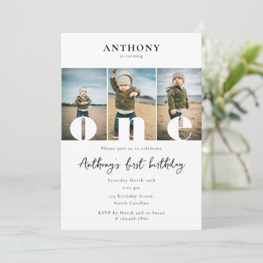 Eerste Verjaardag Uitnodiging 1e Een Foto's Boy Gi (Staand voorkant)