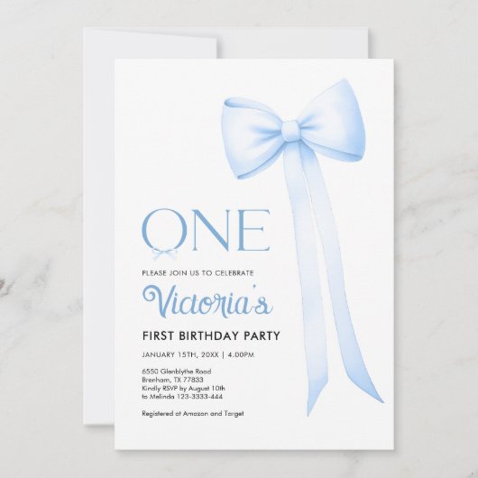 Eerste verjaardag uitnodiging, blauwe Coquette Bow Kaart (Voorkant)