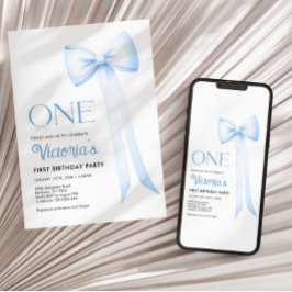 Eerste verjaardag uitnodiging, blauwe Coquette Bow Kaart