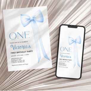 Eerste verjaardag uitnodiging, blauwe Coquette Bow Kaart