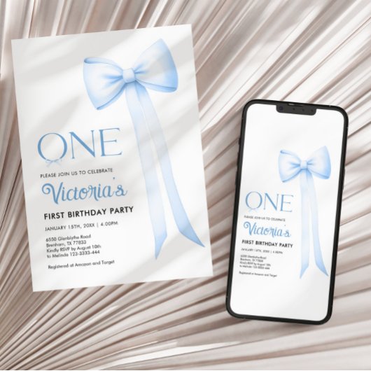 Eerste verjaardag uitnodiging, blauwe Coquette Bow Kaart