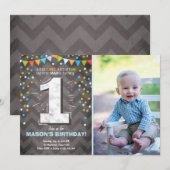 Eerste Verjaardag Uitnodiging jongen One Chalk Gro (Voorkant / Achterkant)