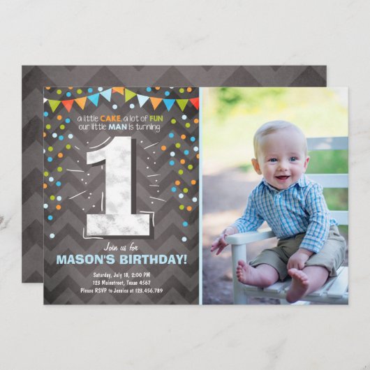 Eerste Verjaardag Uitnodiging jongen One Chalk Gro (Voorkant / Achterkant)